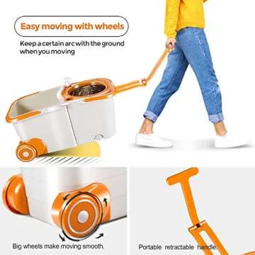 MASTERTOP Floor Spin Mop Bucket System with Wringer Set - Stainless Steel Mop Handle, Separate Clean and Dirty Water, 4 Washable Microfiber Mop Head, Cleaning Bucket Easy to Store