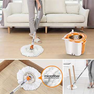 MASTERTOP Floor Spin Mop Bucket System with Wringer Set - Stainless Steel Mop Handle, Separate Clean and Dirty Water, 4 Washable Microfiber Mop Head, Cleaning Bucket Easy to Store