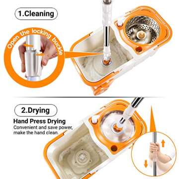 MASTERTOP Floor Spin Mop Bucket System with Wringer Set - Stainless Steel Mop Handle, Separate Clean and Dirty Water, 4 Washable Microfiber Mop Head, Cleaning Bucket Easy to Store