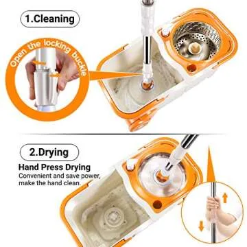 MASTERTOP Floor Spin Mop Bucket System with Wringer Set - Stainless Steel Mop Handle, Separate Clean and Dirty Water, 4 Washable Microfiber Mop Head, Cleaning Bucket Easy to Store