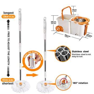 MASTERTOP Floor Spin Mop Bucket System with Wringer Set - Stainless Steel Mop Handle, Separate Clean and Dirty Water, 4 Washable Microfiber Mop Head, Cleaning Bucket Easy to Store
