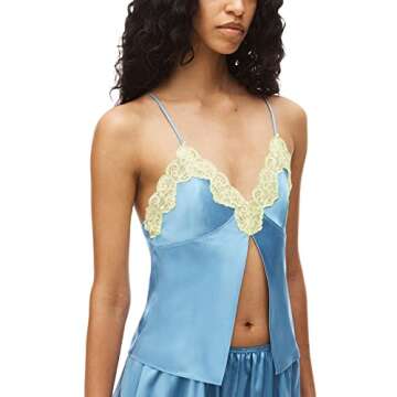 Women Lace Camisole Frill Crop Camis Sleeveless Backless Deep V Neck Split Sling Vest Tank Tops Aesthetic Streetwear (Blue, S)