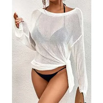 Bsubseach Crochet Cover Ups for Women Bathing Suit Cover Up Dress Mesh Beach Top White