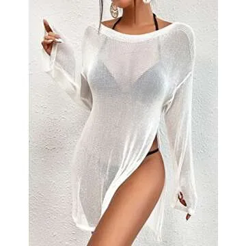 Bsubseach Crochet Cover Ups for Women Bathing Suit Cover Up Dress Mesh Beach Top White