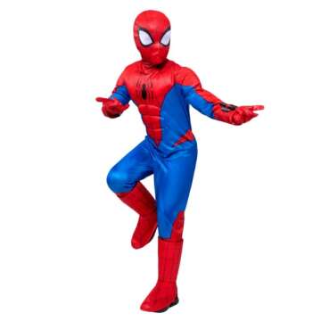 Marvel Spider-Man Official Youth Halloween Costume - Padded Jumpsuit with Gloves, Boot Covers, and Detachable Mask (S) Multi