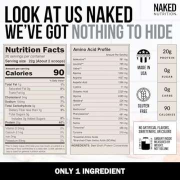 Naked Bone Broth - Beef Bone Broth Protein Powder - 20G Protein, Only 1 Ingredient - Gut Health and Joint Supplement - Unflavored - No GMO, Gluten, Or Soy - 1 Pound