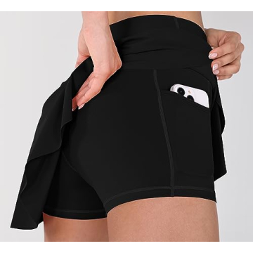 ODODOS Women's Tennis Skirts with Pockets Crossover High Waist Built-in Shorts Athletic Golf Skorts, Black, Medium