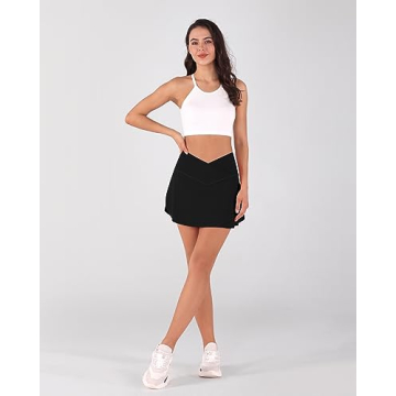 ODODOS Women's Tennis Skirts with Pockets Crossover High Waist Built-in Shorts Athletic Golf Skorts, Black, Medium