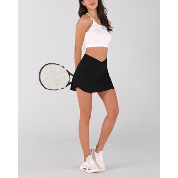 ODODOS Women's Tennis Skirts with Pockets Crossover High Waist Built-in Shorts Athletic Golf Skorts, Black, Medium