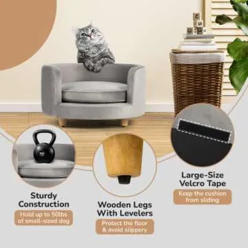 dCee Round Dog Sofa - Cat Couch, Holds up to 50 Lbs, 24 in. Soft Velvety Pet Couch for Comfort Sleep, Joint Support, Dark Grey