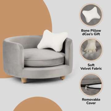 dCee Round Dog Sofa - Cat Couch, Holds up to 50 Lbs, 24 in. Soft Velvety Pet Couch for Comfort Sleep, Joint Support, Dark Grey