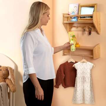 BINGY Nursery Book Shelves - Set of 2 Nursery Wall Shelves with Hooks for Clothes - 2-Tier Nursery Bookshelves Made from Solid Wood - 15.71" x 4.8" x 5.5" - Pine