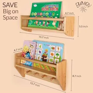 BINGY Nursery Book Shelves - Set of 2 Nursery Wall Shelves with Hooks for Clothes - 2-Tier Nursery Bookshelves Made from Solid Wood - 15.71" x 4.8" x 5.5" - Pine
