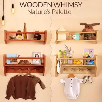 BINGY Nursery Book Shelves - Set of 2 Nursery Wall Shelves with Hooks for Clothes - 2-Tier Nursery Bookshelves Made from Solid Wood - 15.71" x 4.8" x 5.5" - Pine