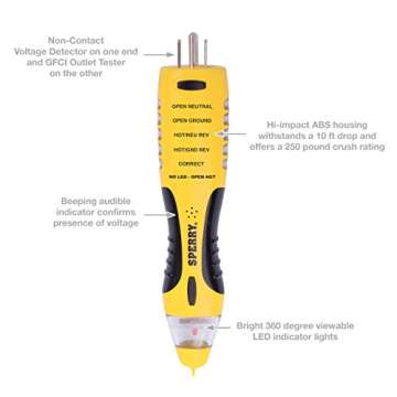 Sperry Instruments VD7504GFI DualCheck 2-in-1 Non-Contact Voltage Detector + GFCI Outlet Circuit Analyzer, 360° Visual & Audible Indicators, 50-1000V AC, 250 lb. Crush Rating