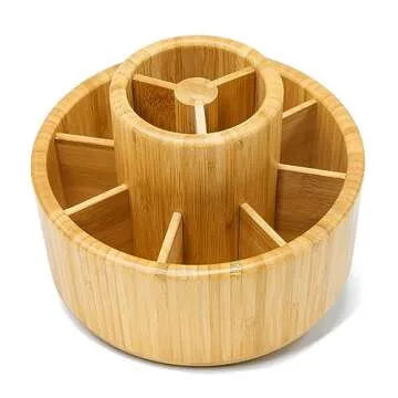VaeFae Bamboo Pen Holder Organizer, 360° Rotating Art Supply Organizer, Desktop Storage for Marker Pens, Colored Pencil, Art Brushes, etc.