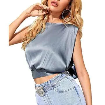 LYANER Women's Satin Sleeveless Self Tie Boat Neck Fashion Crop Top Blouse Blue Small