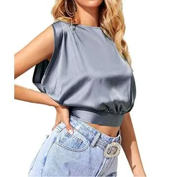 LYANER Women's Satin Sleeveless Self Tie Boat Neck Fashion Crop Top Blouse Blue Small