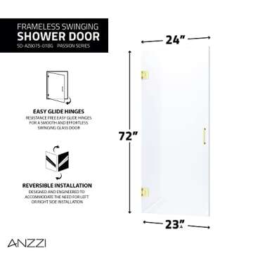 Luxurious ANZZI Frameless Shower Door with Brushed Gold Finish