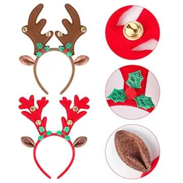 ATESSON 2 Reindeer Ears Headband with Jingle Bells for Holiday Fun