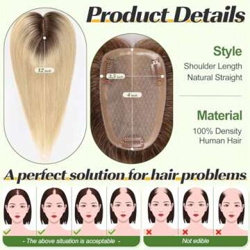 Starluck Hair Toppers for Women 100% Real Human Hair, 12 Inch Ombre Light Blonde with Dark Root No B...