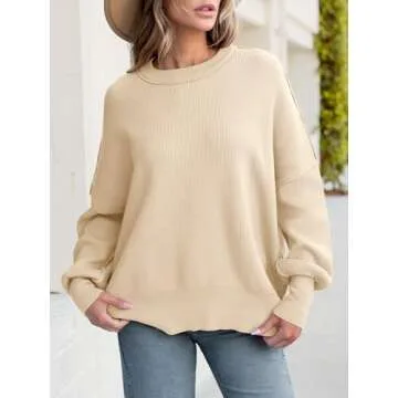 ANRABESS Women Crewneck Batwing Long Sleeve 2024 Fall Oversized Side Slit Ribbed Knit Pullover Sweaters Top Cozy Outfits Apricot Medium