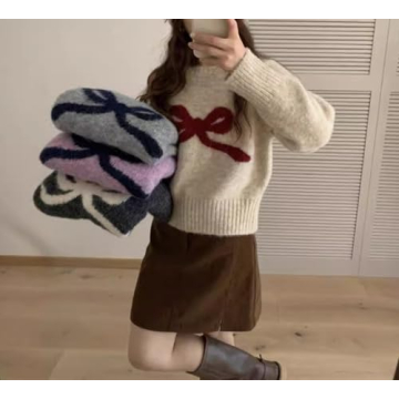 Quzak Knit Pullover Sweaters for Women Y2k Bow Loose Fit Chunky Sweater Fuzzy Jumper Tops Coquette Clothes Fall Winter (Oatmeal,Medium)