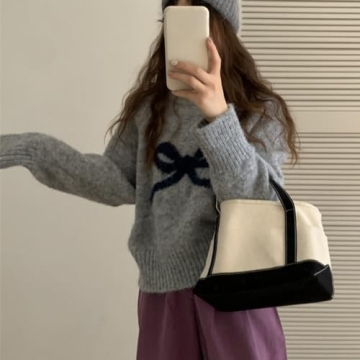 Quzak Knit Pullover Sweaters for Women Y2k Bow Loose Fit Chunky Sweater Fuzzy Jumper Tops Coquette Clothes Fall Winter (Oatmeal,Medium)