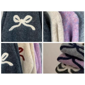 Quzak Knit Pullover Sweaters for Women Y2k Bow Loose Fit Chunky Sweater Fuzzy Jumper Tops Coquette Clothes Fall Winter (Oatmeal,Medium)