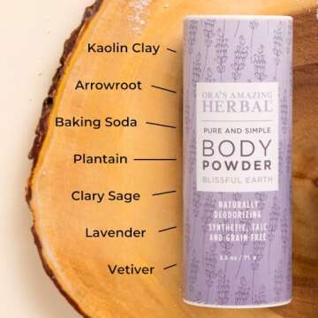 Talc Free Body Powder for Women, Dusting Powder, Cornstarch Free Talcum Powder, Grounding Relaxation Scent, Essential Oils Lavender, Vetiver, Clary Sage, Ora’s Amazing Herbal, Blissful Earth 2.5 oz