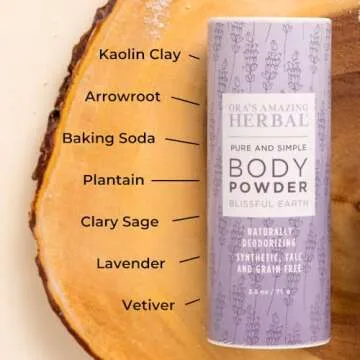 Talc Free Body Powder for Women, Dusting Powder, Cornstarch Free Talcum Powder, Grounding Relaxation Scent, Essential Oils Lavender, Vetiver, Clary Sage, Ora’s Amazing Herbal, Blissful Earth 2.5 oz