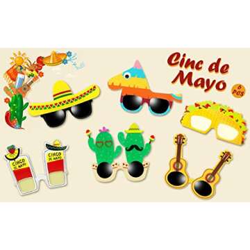 Ocean Line Fiesta Party Supplies Glasses - 6 Pairs Mexican Themed Costume Sunglasses, Cinco De Mayo Photo Booth Props for Taco Tout Donkey Pinatas Cactus Decoration