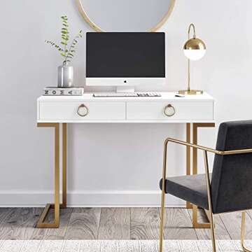 Nathan James Leighton Two-Drawer Writing Glam Accents Brass, Home Office Computer Desk or Vanity Table, 2, White/Gold, Small