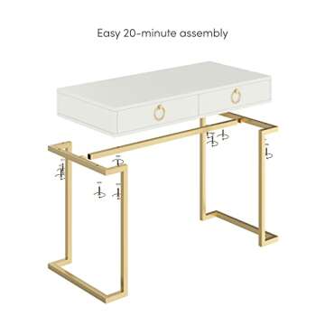 Nathan James Leighton Two-Drawer Writing Glam Accents Brass, Home Office Computer Desk or Vanity Table, 2, White/Gold, Small