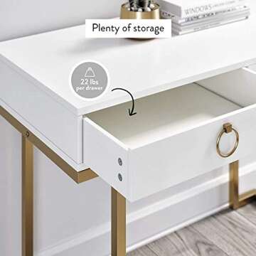 Nathan James Leighton Two-Drawer Writing Glam Accents Brass, Home Office Computer Desk or Vanity Table, 2, White/Gold, Small
