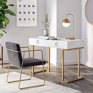 Nathan James Leighton Two-Drawer Writing Glam Accents Brass, Home Office Computer Desk or Vanity Table, 2, White/Gold, Small