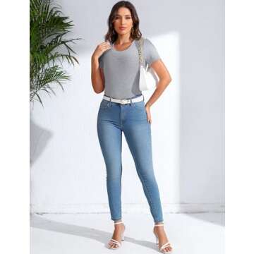 Stylish Women's Scoop Neck Fitted Ribbed Tees - Casual Grey T-Shirt Short Sleeve