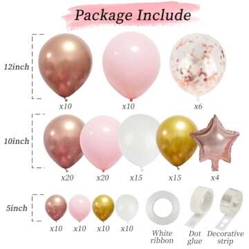 RUBFAC 140pcs Rose Gold Balloon Garland Arch Kit, Light Pink Gold White Metallic Rose Gold Confetti ...