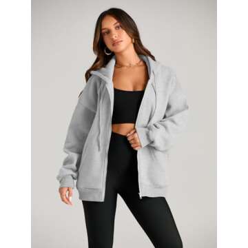 EFAN Women Zip Up Hoodies Oversized Sweatshirt Jacket 2024 Fall Fleece Cute Pullover Hooded Tops Teen Girls Casual Loose Fit Y2k Trendy Fashion Gym Clothes Outfits Grey XS