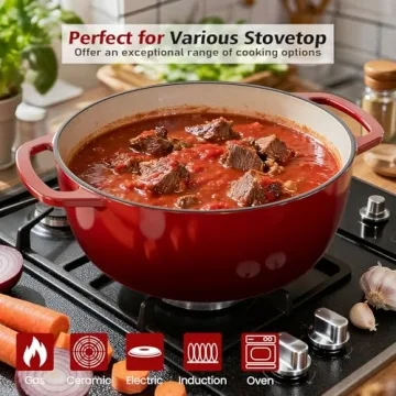 Umite Chef 6QT Enameled Cast Iron Dutch Oven with Lid - Versatile Cookware in Red for Baking & Brais...