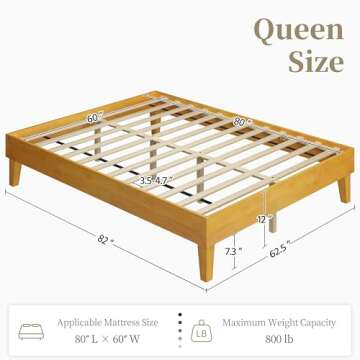 Yaheetech Queen Bed Frame Natural Solid Wood Platform Bed with Wooden Slats Support, 12-inch Clearan...