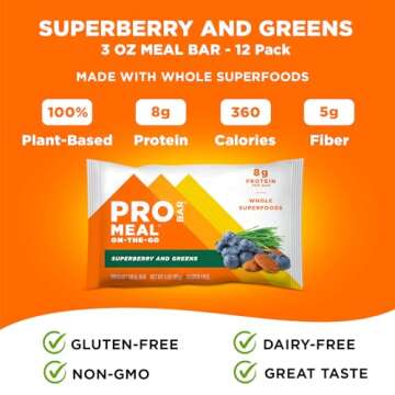 PROBAR - Meal Bar, Superberry & Greens, Non-GMO, Gluten-Free, Healthy, Plant-Based Whole Food Ingredients, Natural Energy 12 Count (Pack of 1)