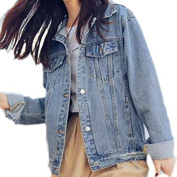 Saukiee Oversized Denim Jacket Distressed Boyfriend Jean Coat Jeans Trucker Jacket for Women Girls Lightblue S