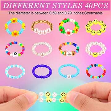 Hicarer 40 Pieces Flower Beads Rings Rainbow Colorful Rice Bead Rings Cute Handmade Smile Beaded Col...