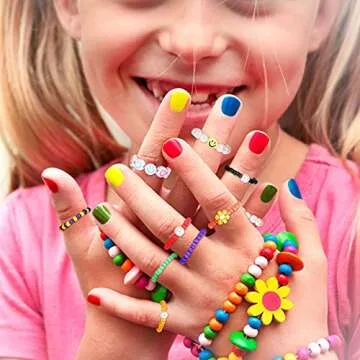 Hicarer 40 Pieces Flower Beads Rings Rainbow Colorful Rice Bead Rings Cute Handmade Smile Beaded Colorful Jewelry for Women