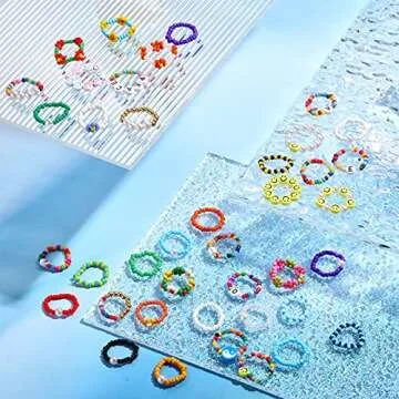 Hicarer 40 Pieces Flower Beads Rings Rainbow Colorful Rice Bead Rings Cute Handmade Smile Beaded Colorful Jewelry for Women