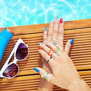 Hicarer 40 Pieces Flower Beads Rings Rainbow Colorful Rice Bead Rings Cute Handmade Smile Beaded Colorful Jewelry for Women