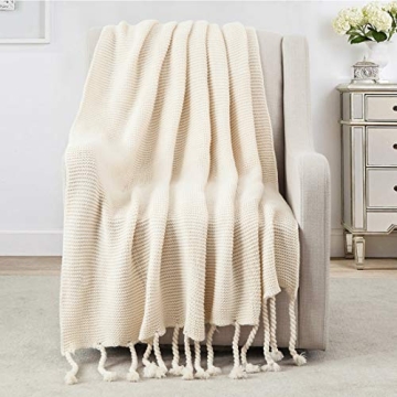 Revdomfly Beige Knitted Throw Blanket with Tassels