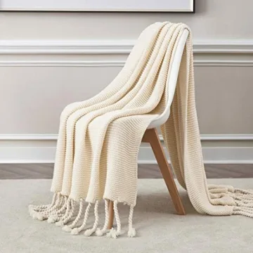 Revdomfly Beige Knitted Throw Blanket with Tassels