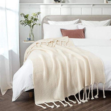 Revdomfly Beige Knitted Throw Blanket with Tassels